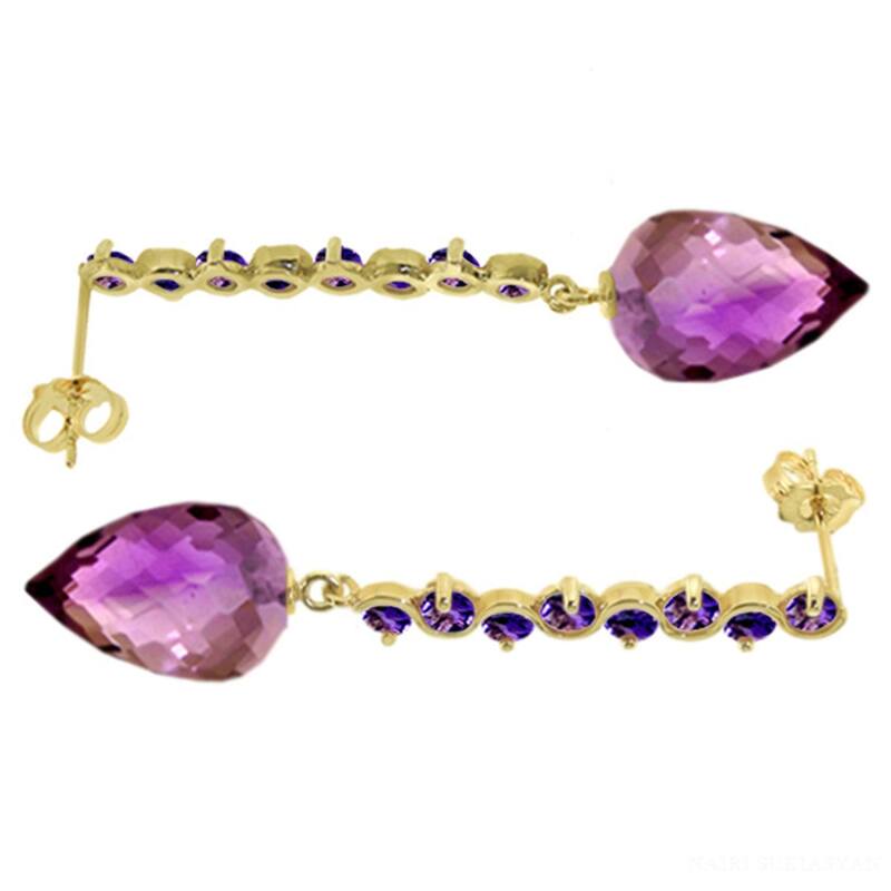 22.1 Carat 14K Solid Gold Drop Briolette Amethyst Gemstone Earrings