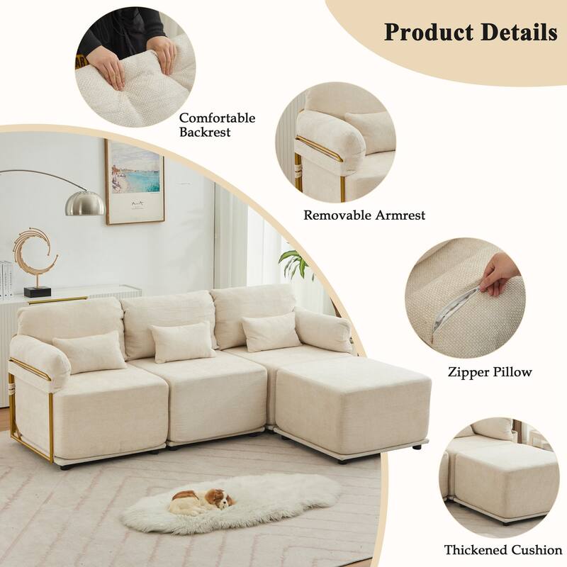 XINMICS Modular Sectional Sofa L Shaped Couch, 3 Seat Sofa Set with Ottoman, Chenille Fabric