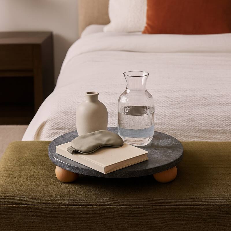 Marble Wood Round Decorative Tray with Modern Leg Detail - 3" Black - 10.0"