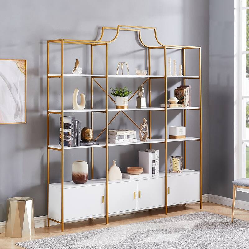 78 Inch 4-Tier Home Office Bookcase with X Bar Gold Frame and Storage Cabinet