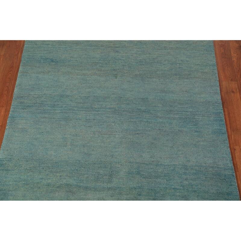Gabbeh Modern Rug Hand-Knotted Stripe Blue Wool Carpet - 3'10" x 5'10"