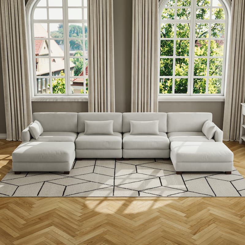 Corduroy Modular Sectional Sofa Couch With Chaise Ottoman