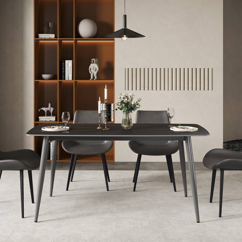 63" Rectangle Modern Kitchen Table with Sintered Stone Dining Table Top and Metal Legs