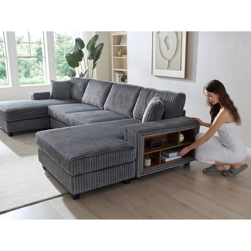 Modular Sectional Sofa with Dual Chaise Lounges, Corduroy Cloud Sofa with Armrest Storage Rack, Convertible 4-Seat Sleeper Sofa
