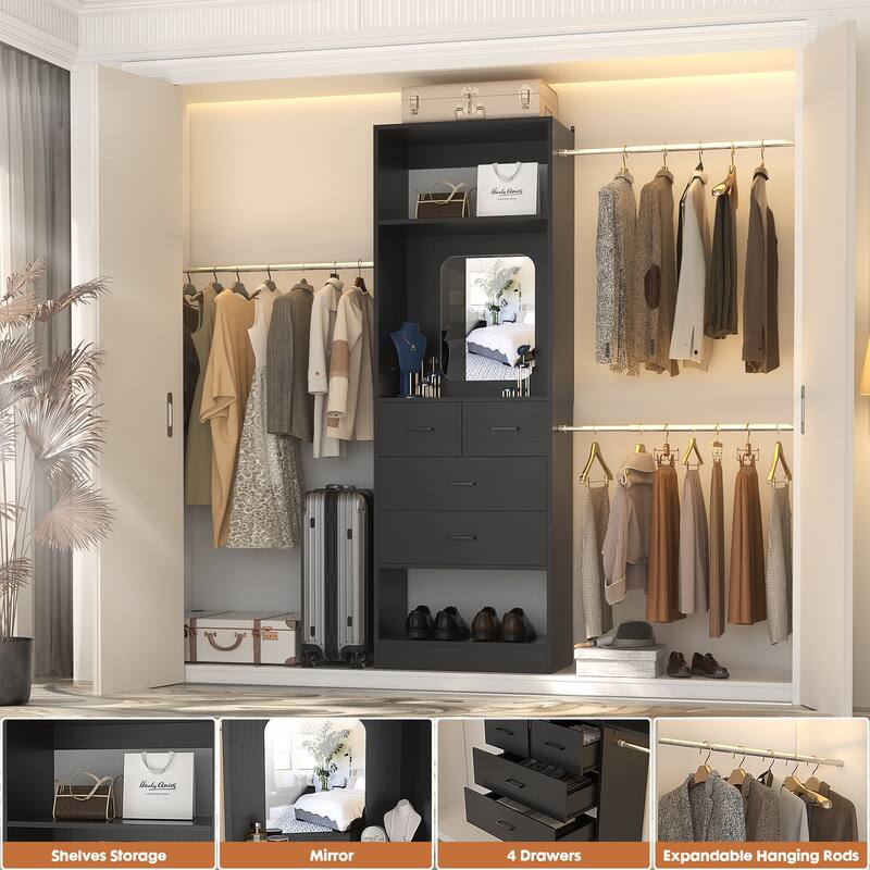 8FT Walk in Closet Organizer System with 3 Extendable Hanging Rods ＆ 4 Drawers ＆ Mirror
