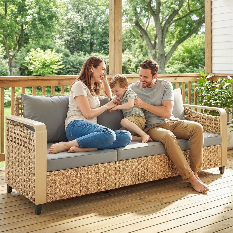 Outsunny Outdoor Patio Couch with Wide and Deep Seat, 3 Seater Wicker Outdoor Sofa with Wide Metal Armrests