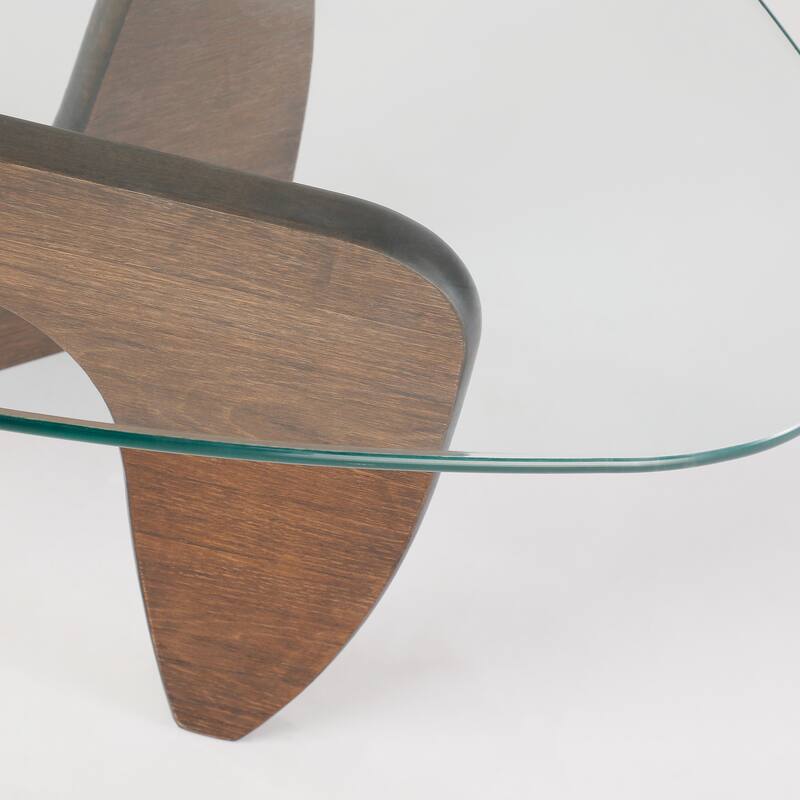 Modern Triangle Clear Glass Coffee Table with Wood Base