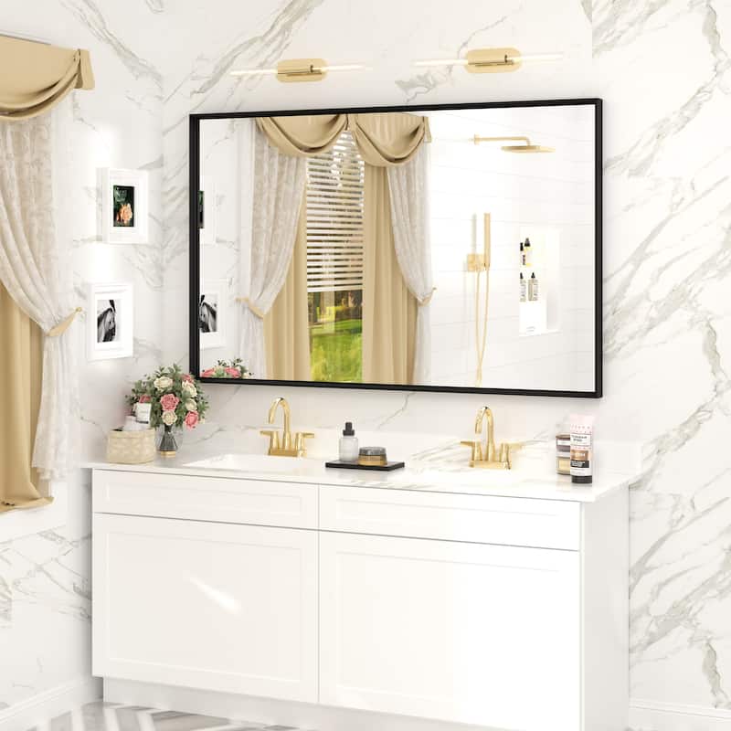 Full Size Metal Frame Wall Mirror Black Tempered Glass for Bathroom