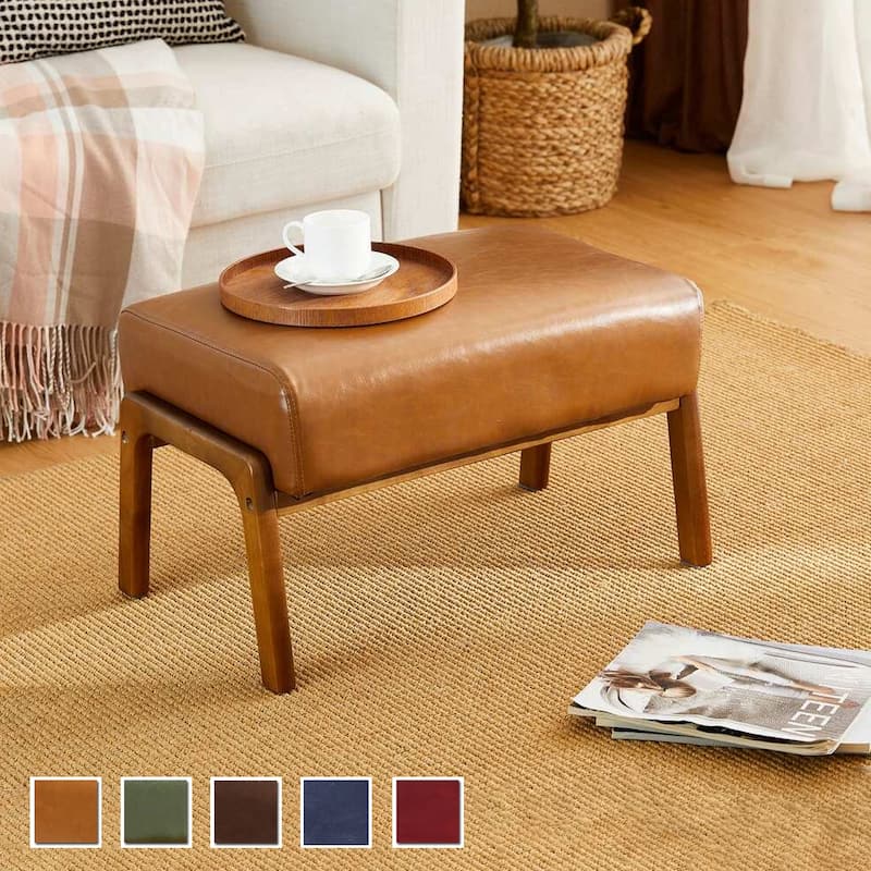 Glitzhome 24.5"W Leatherette Accent Stool With Walnut Rubberwood Legs