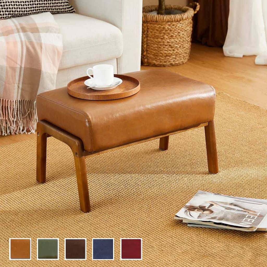 Glitzhome 24.5"W Leatherette Accent Stool With Walnut Rubberwood Legs