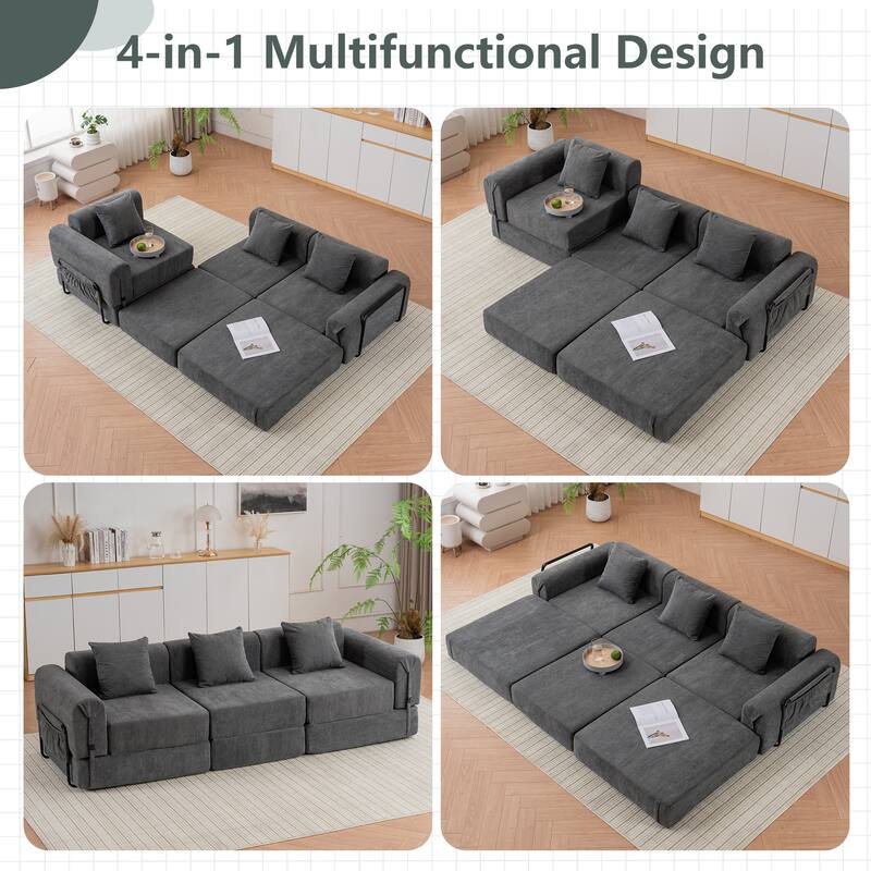 Folding Recliner Sofa 3-seater Straight Row Sectional Sofa Convertible Sleeper Sofa Bed, Fold Out Floor Couch Modular Sofa