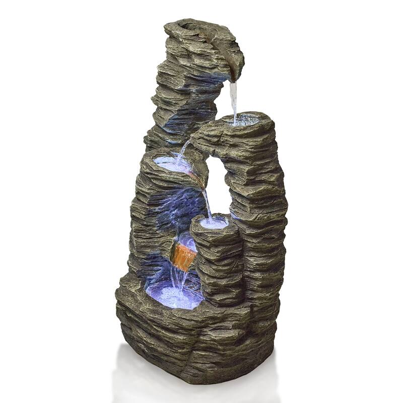 Vbal Outdoor 4-Tier Polyresin Cascading Fountain – Weather Resistant with Lighted Base & Flowing Water
