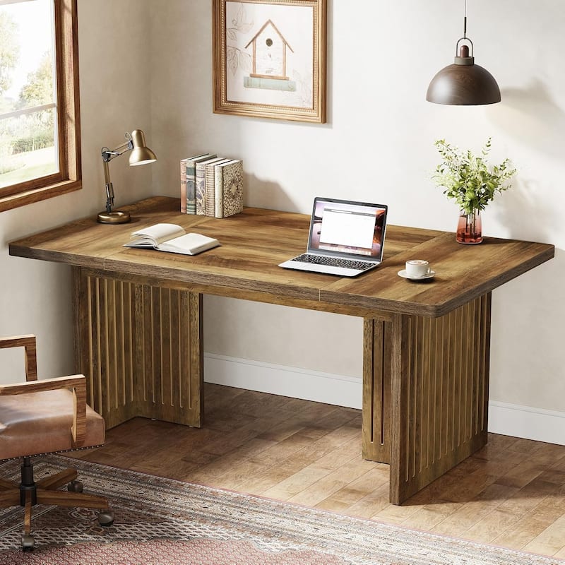 63 Inches Brown Wood Home Office Desk, Large Mid-Century Modern Executive Desk - Brown
