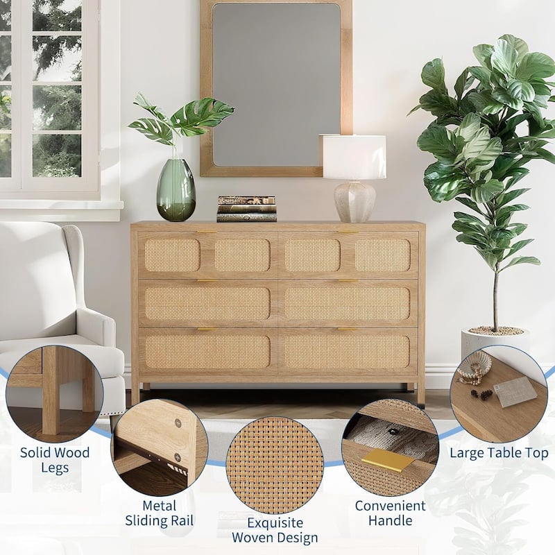 Vintage 6 Drawer Rattan Dresser TV Stand for Bedroom, Living Room