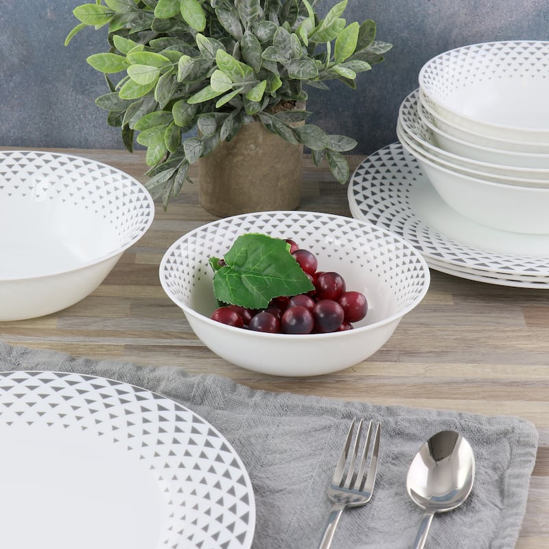 12 Piece Opal Glass Dinnerware Set in White With Grey Accents