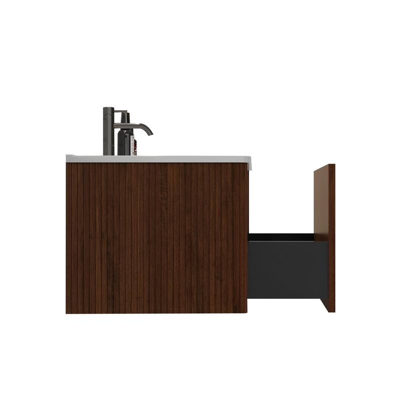 24 Inch Striped Walnut Bathroom Vanity with White Ceramic Sink,Wall Mounted Floating Bathroom Vanity for Modern Bathroom
