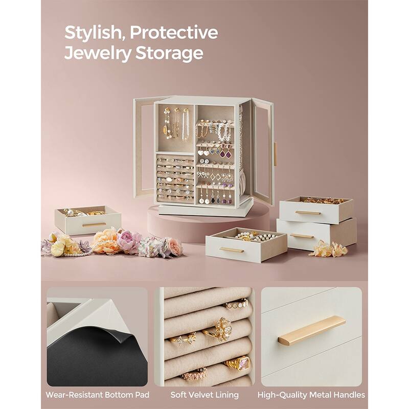 360 Degree MDF Rotating Jewlery Box with 5 Drawers and Metal Handles Perfect for Birthday or Anniversary