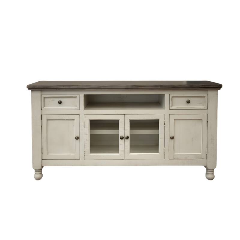 HomeRoots 79" Ivory Solid Wood Open shelving Distressed TV Stand - 78.75' X '34.75' X '19
