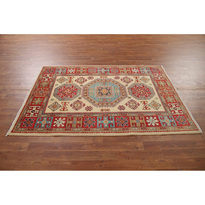 Geometric Kazak Oriental Rug Dining Room Hand-Knotted Wool Carpet - 4'1" x 6'0"