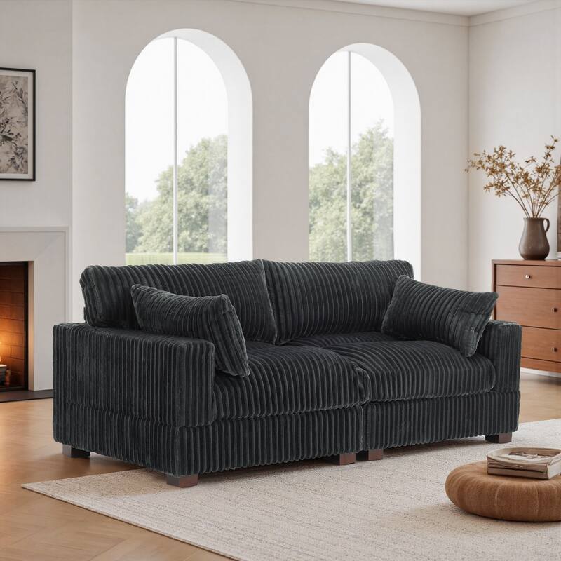 Plush Corduroy Upholstered Modular Sectional Sofa with Pillows - Symmetrical - Grey-2 Pieces