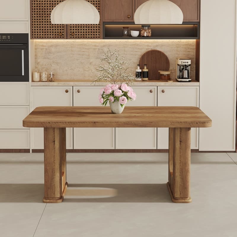 64.5 x 35.4 Inch Modern Dining Table with Wood Texture & Glass Accent