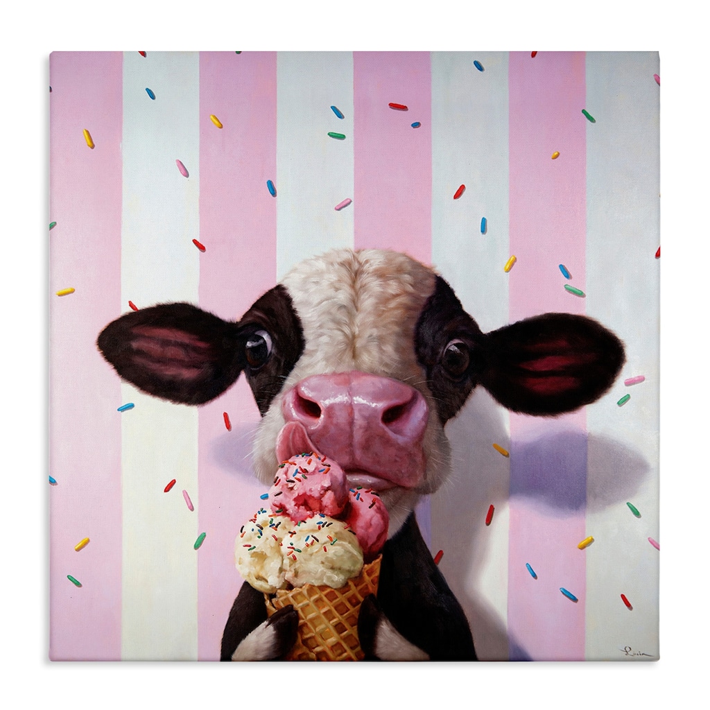 Stupell Cute Baby Cow with Ice Cream Cone Pink Stripes Canvas Wall Art