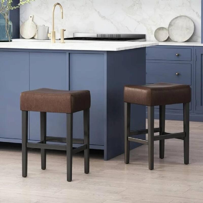 Set of 2 Backless Leather Barstools, 26.75" Counter Height