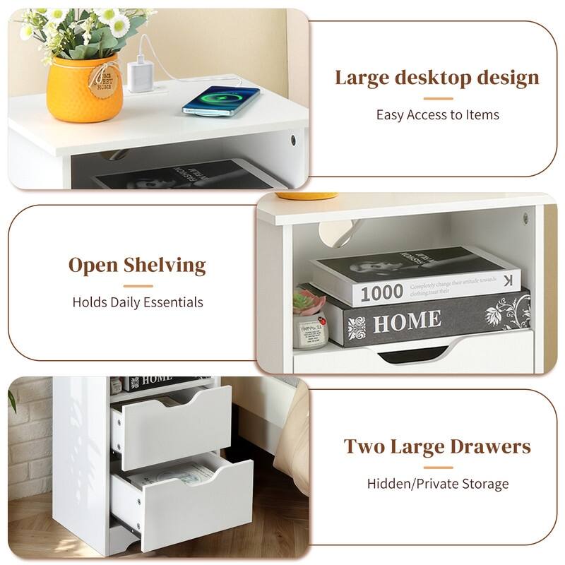 15.7"W Nightstand, P2 Particleboard, Matte Melamine, Handleless, 2 Drawers, US Outlet