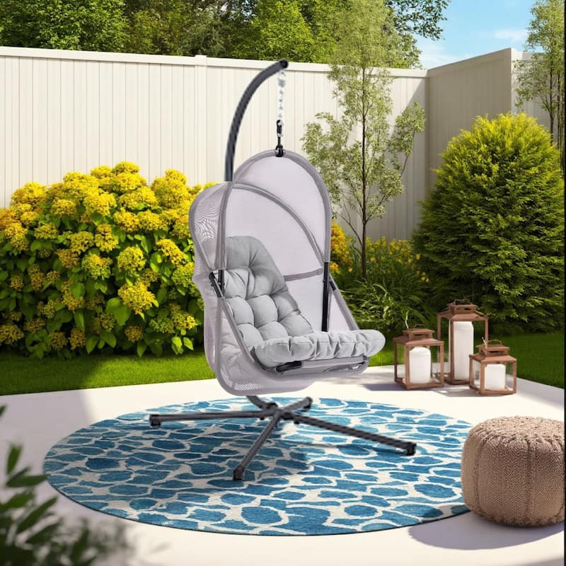 Bery Patio Hanging Swing Chair, Cushioned Light Gray Mesh
