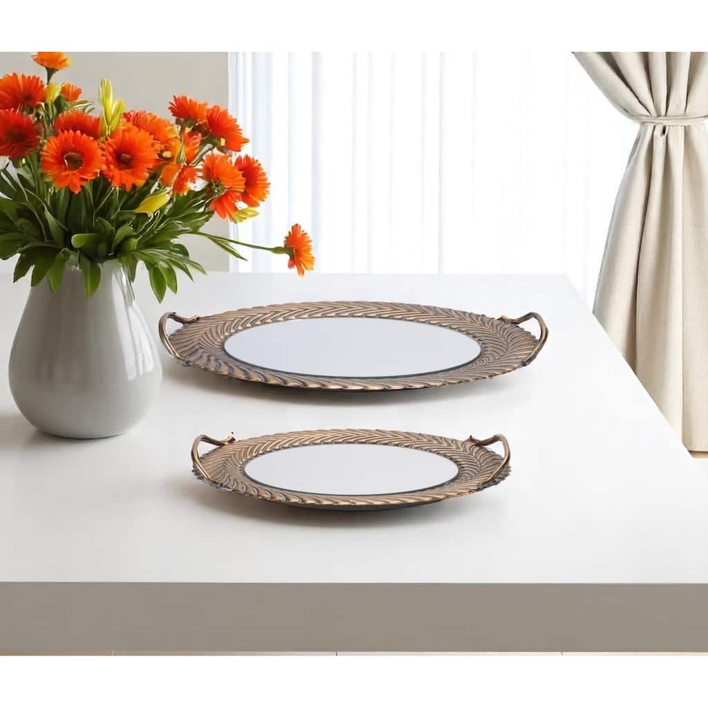 HomeRoots Set of Two Antiqued Bronze Metal And Mirrored Glass Oval Serving Trays With Handles - 18.25 in. x 2.6 in. x 9.9 in.