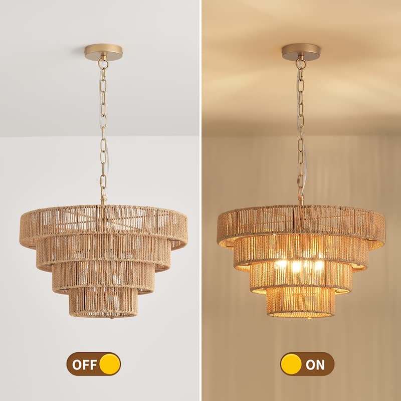 Starsky 6-Light 19inch Boho Tiered Rattan Drum Hand Woven Chandelier with Natural Rope Paper Shade