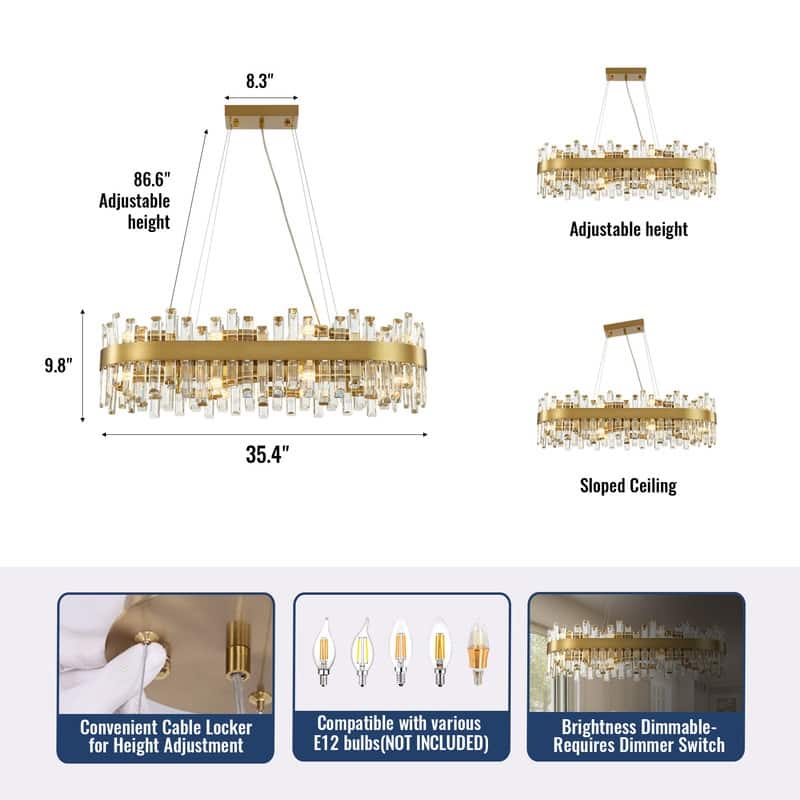 36 in. Modern Crystal Chandeliers 16-Light Brass Gold Rectangular Chandelier Glam Oval Pendant Light for Dining Living Room