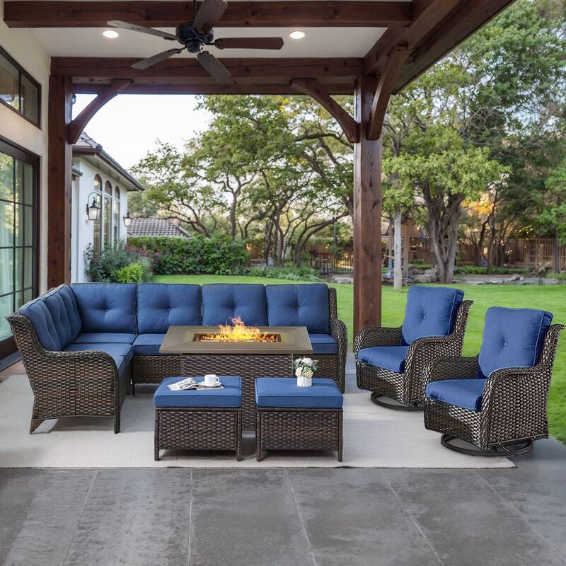 Gymojoy 6-Piece Outdoor Wicker Patio Furniture with Fire Pit and L-shaped Sectional Sofa, Coversation Set with Thick Cushions