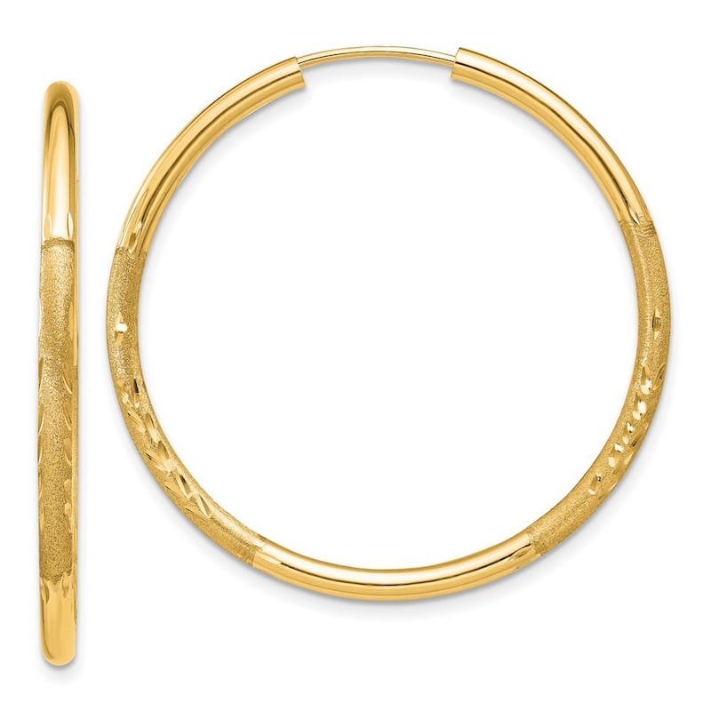 Curata 14k Yellow Gold Polished tube 2mm Satin Sparkle Cut Endless Hoop Earrings - 30x30mm Wide 2mm Thick
