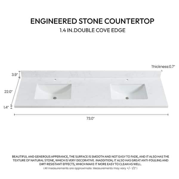 dimension image slide 1 of 22, Malaga Composite Stone Vanity Top with White Rectangular Sink