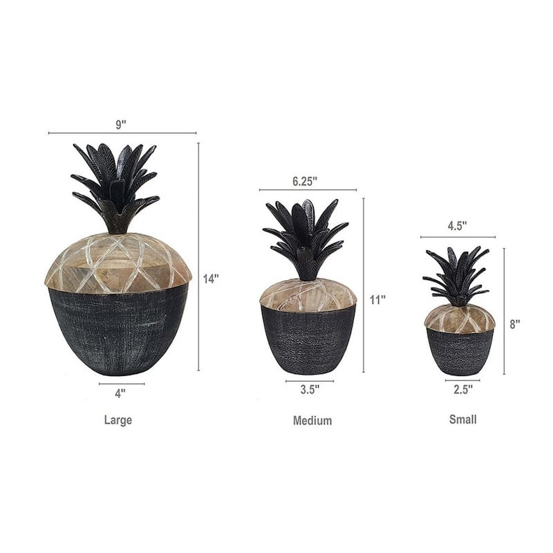 14, 12, 11 Inch Lidded Jar, Pineapple Design, Gray Mango Wood, Set of 3