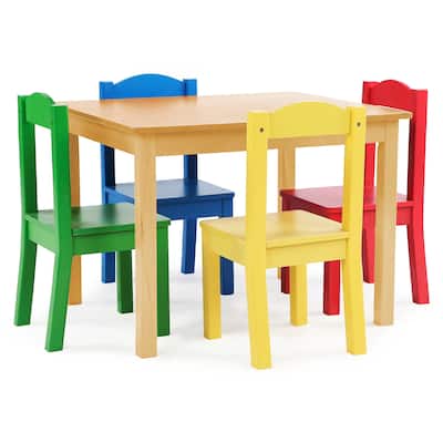 Tot Tutors Kids Wood Table & 4 Chairs, Natural Table & Primary Chairs