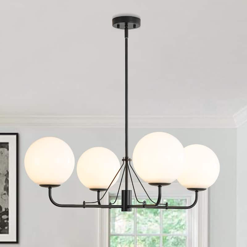 Modern Opal Glass Globe Quadra Dining Chandelier - Matte Black