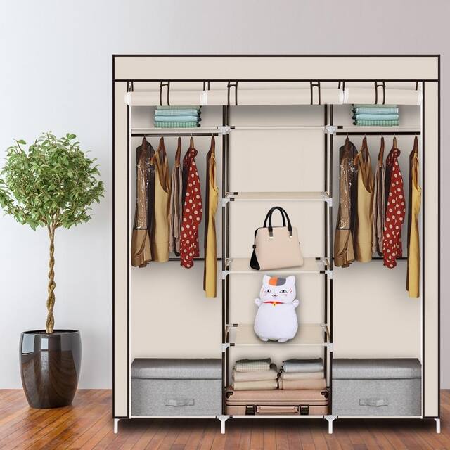 Portable Clothes Rack Closet with Cover and Hanging Rod - 150*45*175CM 9-Lattices - Beige