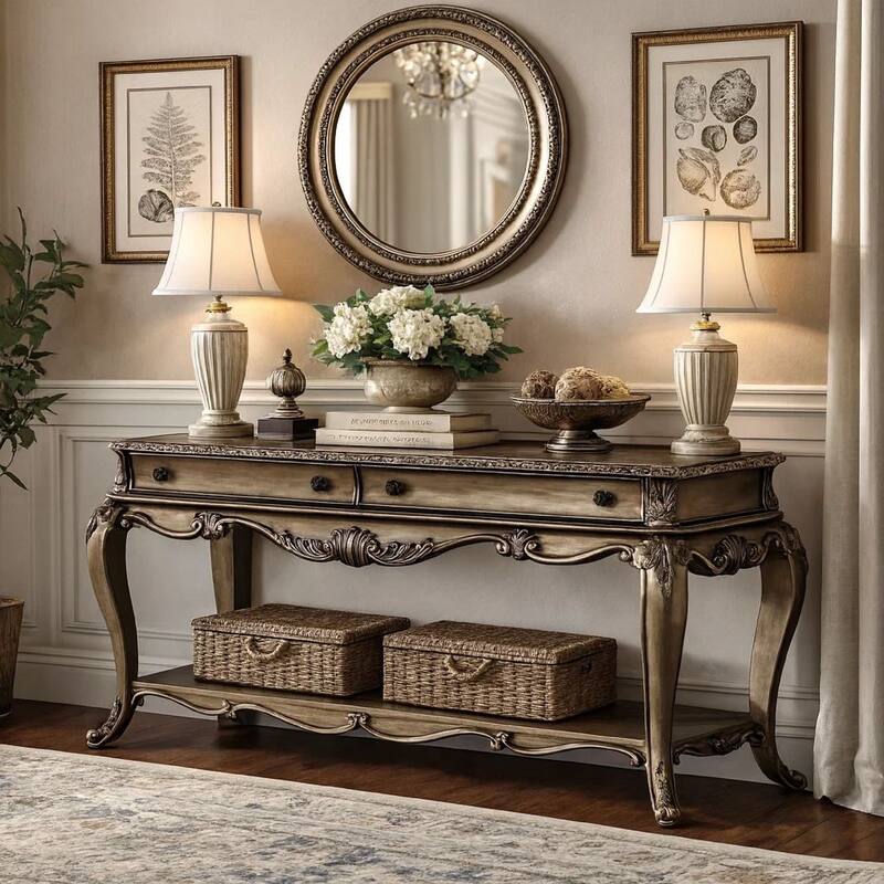 Wooden Sofa Table With Two Drawers And Bottom Shelf, Vintage Oak Brown