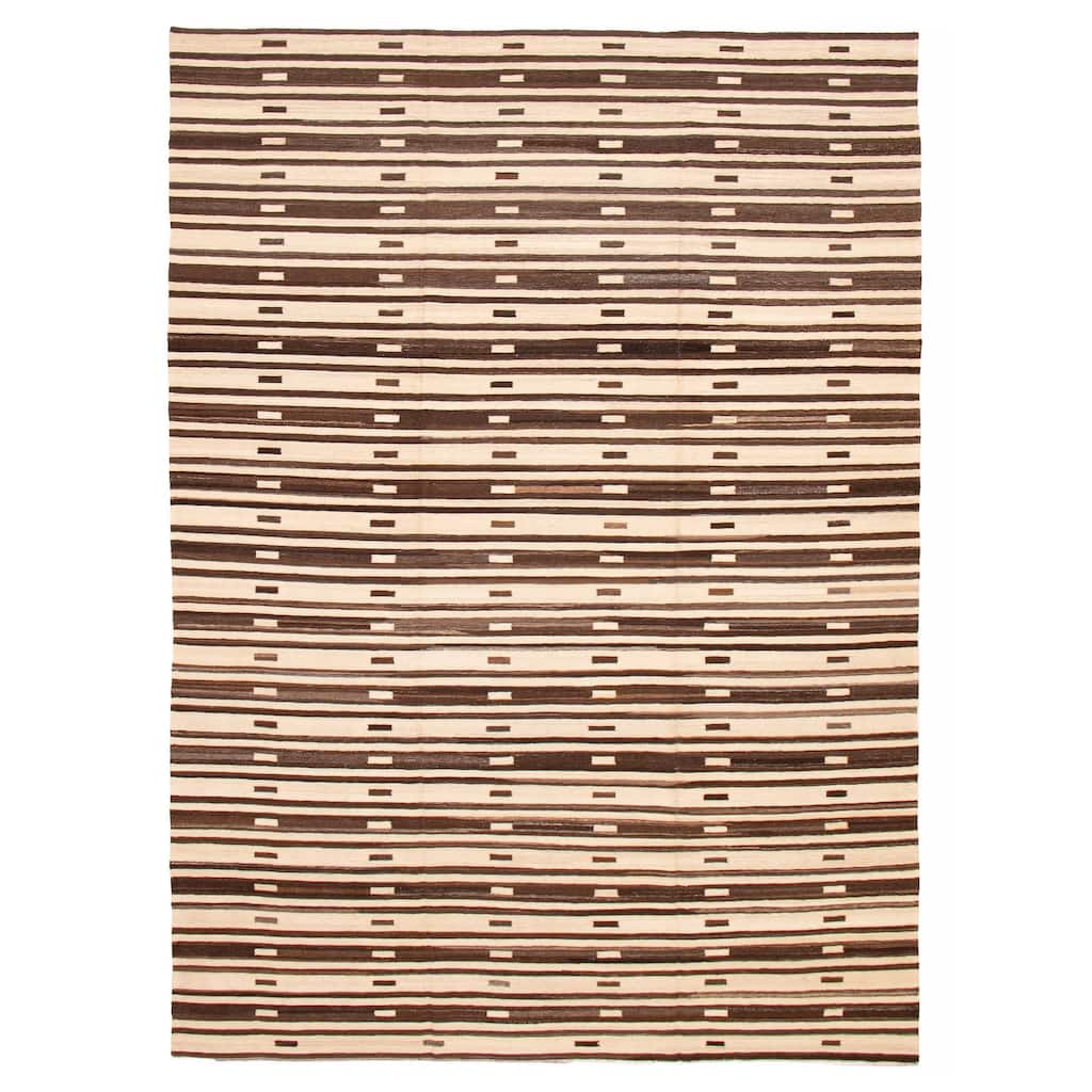 ECARPETGALLERY Flat-Weave Boho Cream, Brown Wool Kilim - 8'10 x 12'3