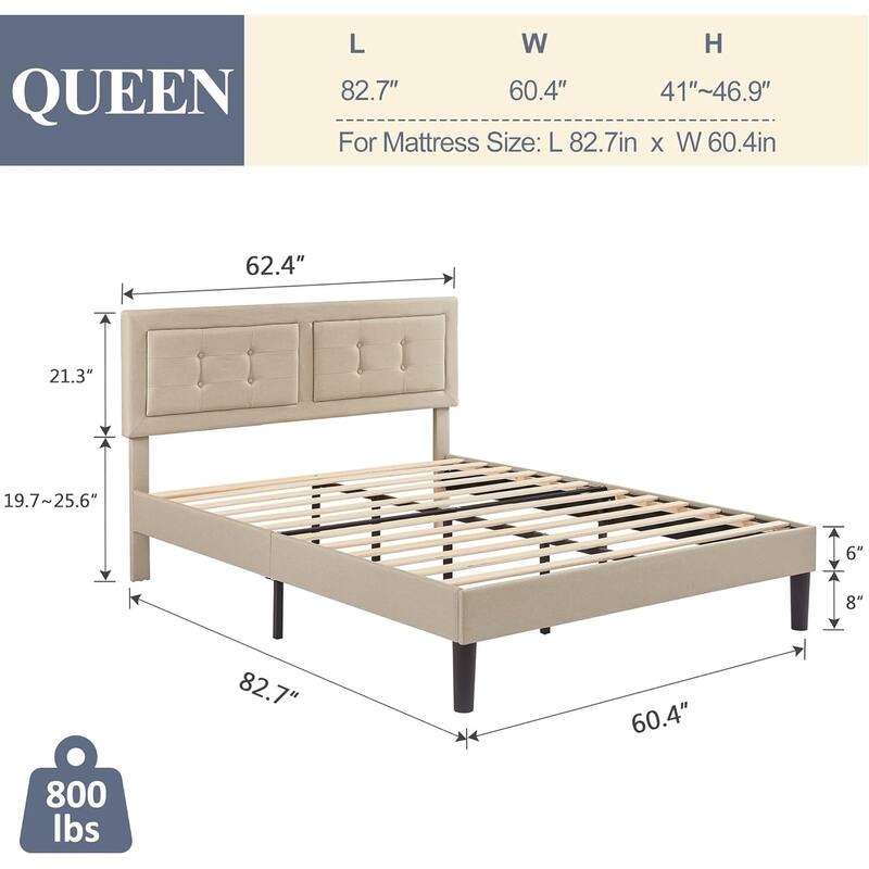 VECELO Bed Frame with Adjustable Headboard, Upholstered Button Tufted Platform Bedframe with Wood Slats Support