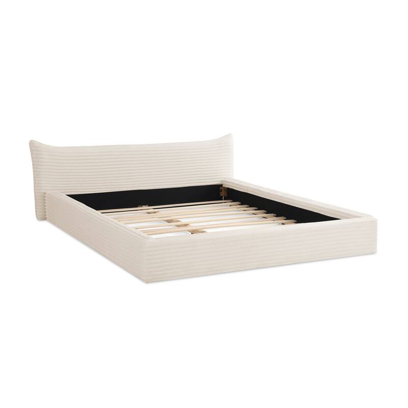 Queen Size Upholstered Bed Frame Velvet Fabric Grounded Platform with Curved Headboard Solid Wood No Box Spring