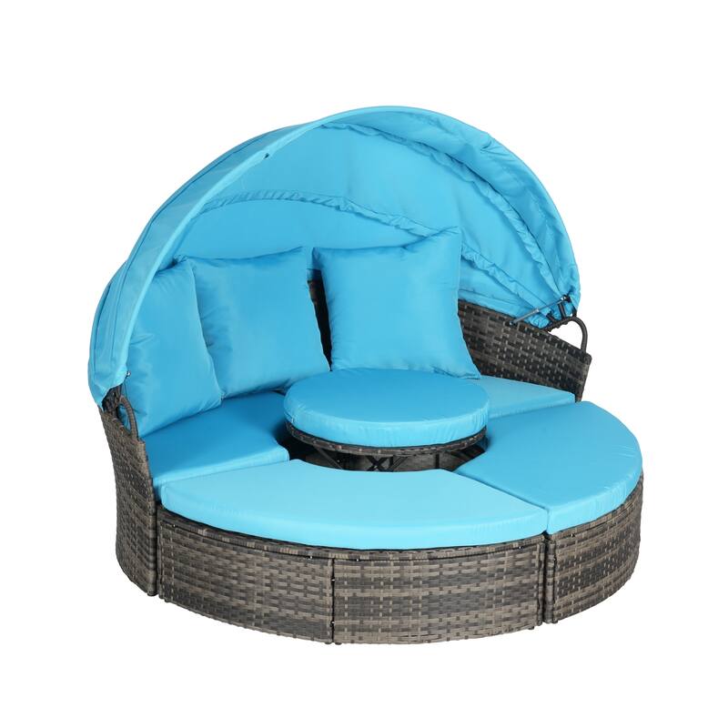 Outdoor Round Daybed with Retractable Canopy, Cushions, Table,Set of 5