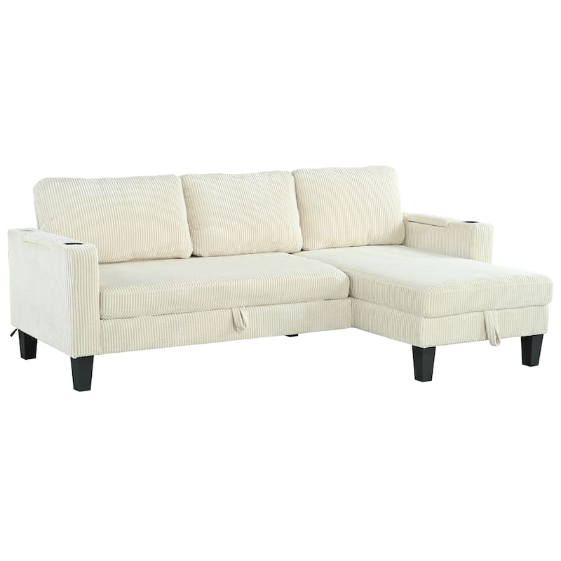Reversible L-Shaped Sectional Sofa with Storage Chaise, USB Ports, Arm Cup Holder, Modern Corduroy Sleeper Couch for Living Room