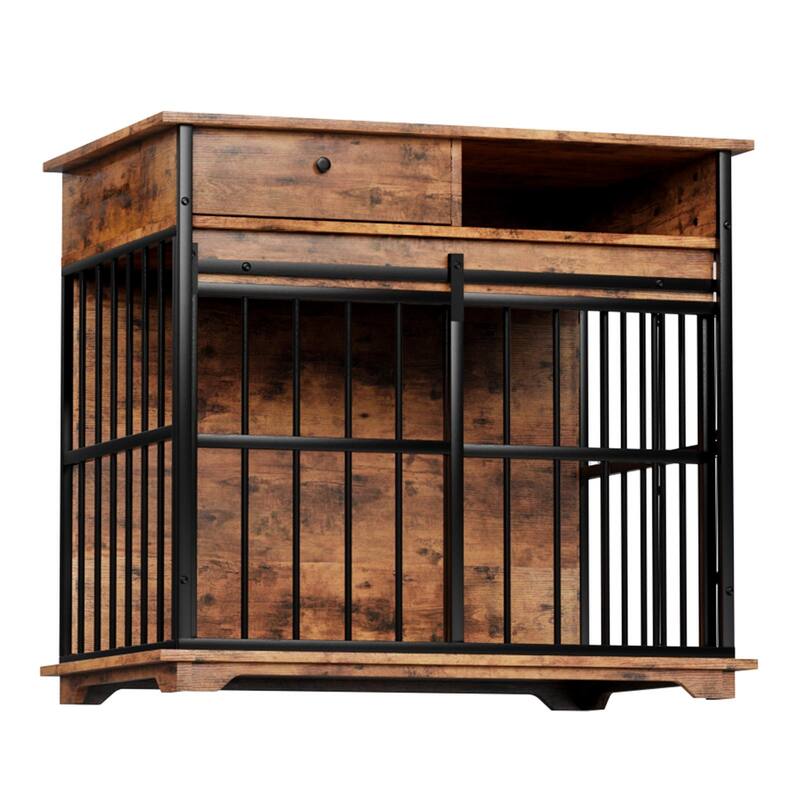 Dog Crate Furniture with Drawer & Sliding Door, Decorative Pet Kennel End Table for Medium Dogs, Wooden Dog Crate with Tray