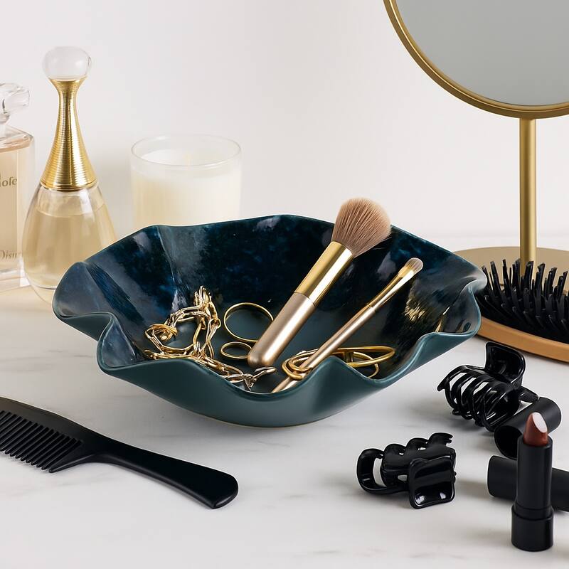 Decorative Round Wavy Edge Glazed Pottery Bowl - 16", Blue - 15.5"