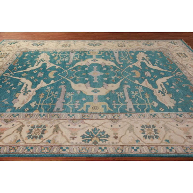 Teal Blue Oushak Indian Area Rug Hand-Knotted Wool Carpet - 9'2" x 11'11"