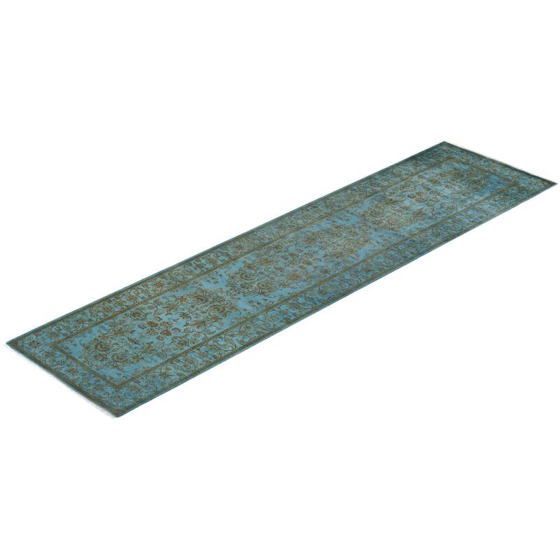 Overton Hand Knotted Wool Vintage Inspired Modern Contemporary Overdyed Blue Runner Rug - 2' 8" x 10' 5"
