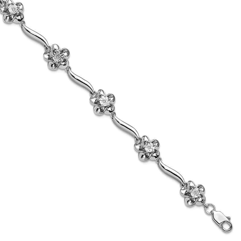 Curata 925 Sterling Silver Rhodium Plated 7" 8mm Genuine Diamond Flower Station Bracelet